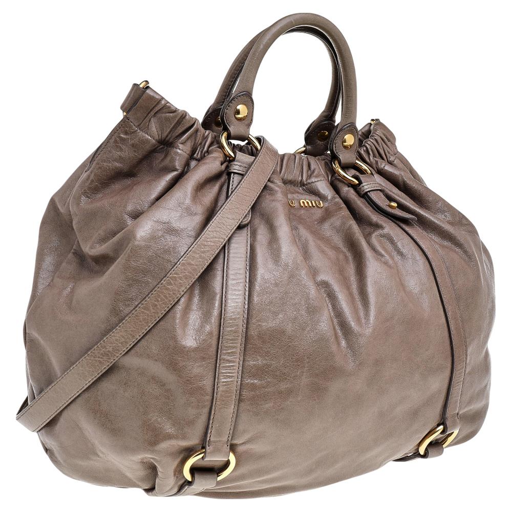Miu Miu Grey Vitello Lux Leather Gathered Hobo 1