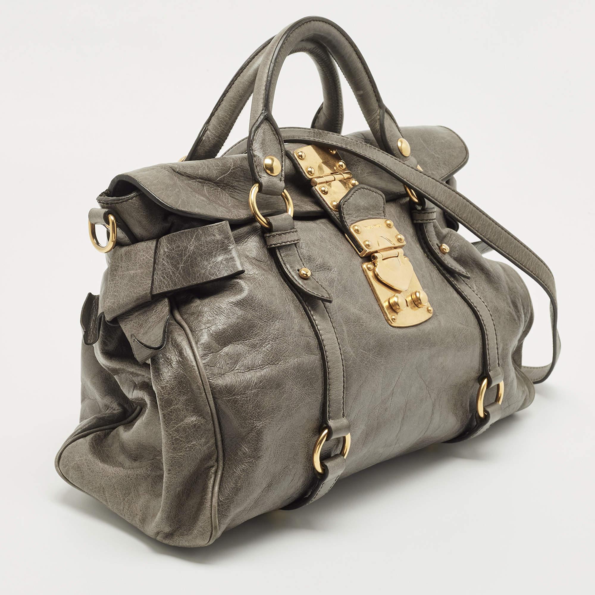 Miu Miu Grey Vitello Lux Leather Side Bow Bag 10