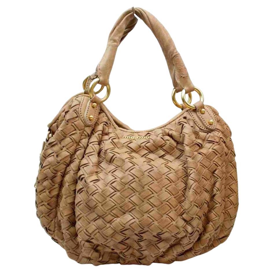 Miu Miu Hobo Woven 872994 Brown Beige Leather Satchel