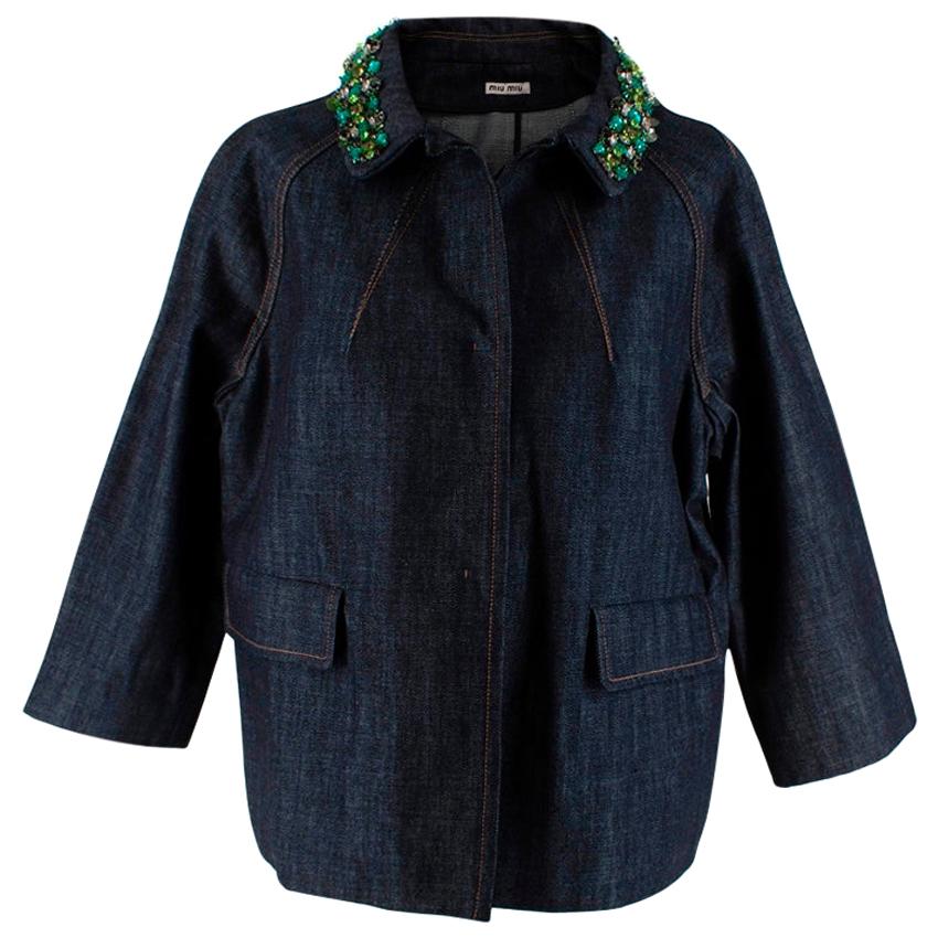 Miu Miu Indigo Denim Crystal Embellished Jacket - Size US 6 For Sale