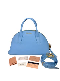 Miu Miu Iride Blue Madras Leather Boston Satchel with Shoulder Strap