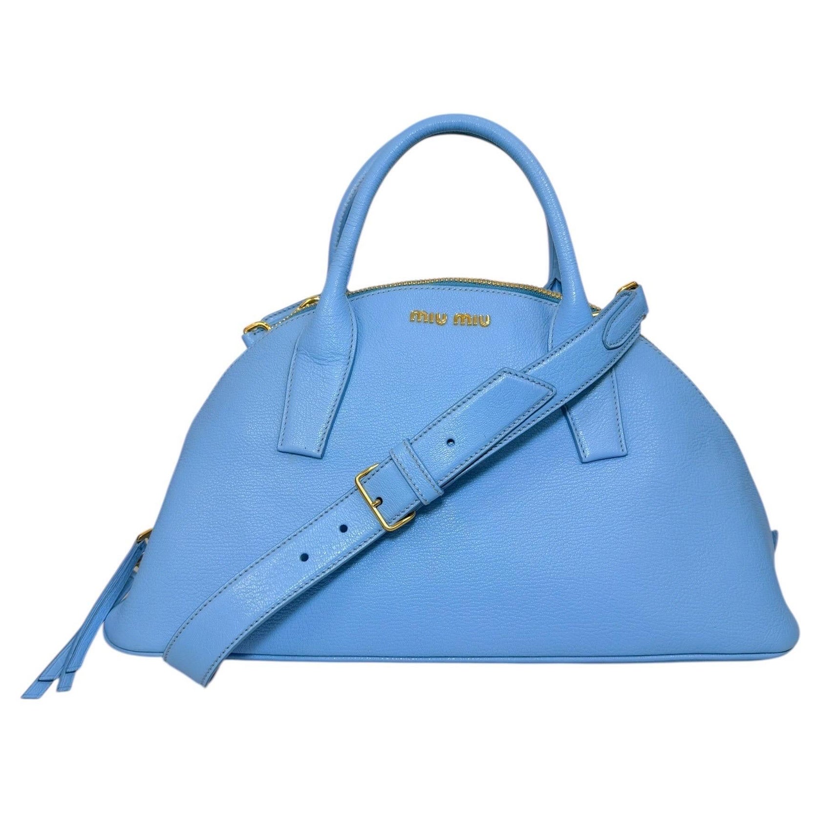 Miu Miu Iride Blue Madras Leather Boston Satchel with Shoulder Strap
