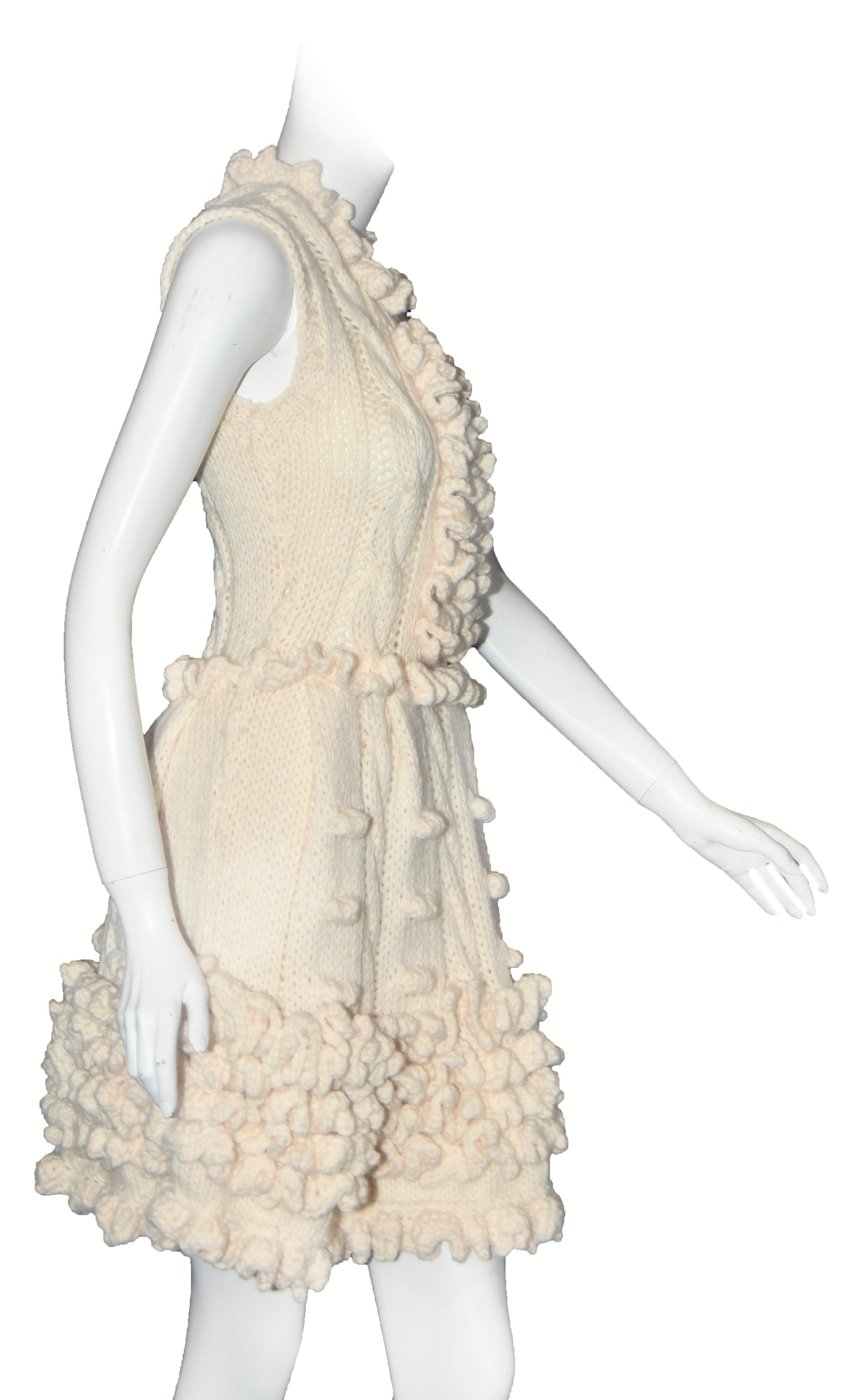 Beige Miu Miu Ivory  Virgin Wool Handmade Crochet Dress 2014 Runway