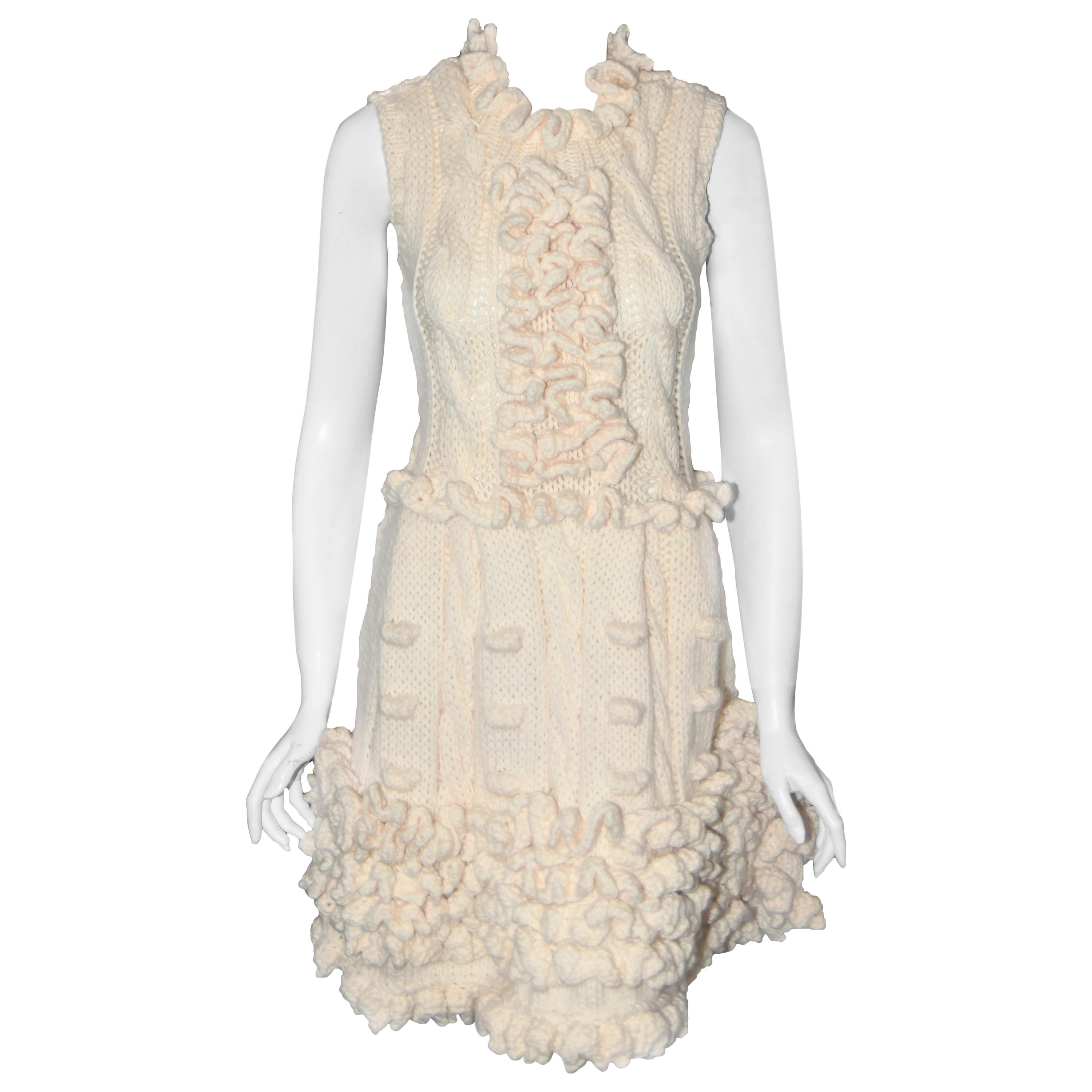 Miu Miu Ivory  Virgin Wool Handmade Crochet Dress 2014 Runway