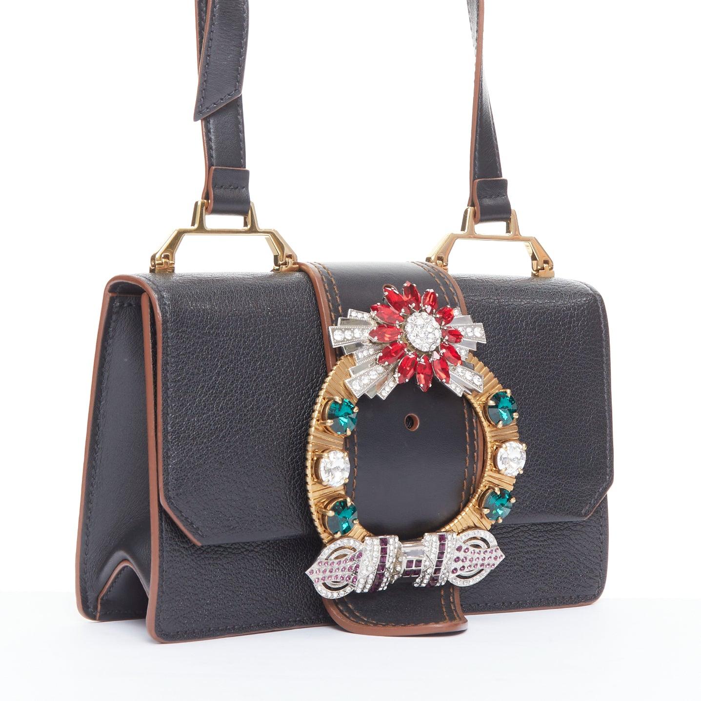 Black MIU MIU Lady black leather colorful rhinestone buckle flap crossbody bag For Sale