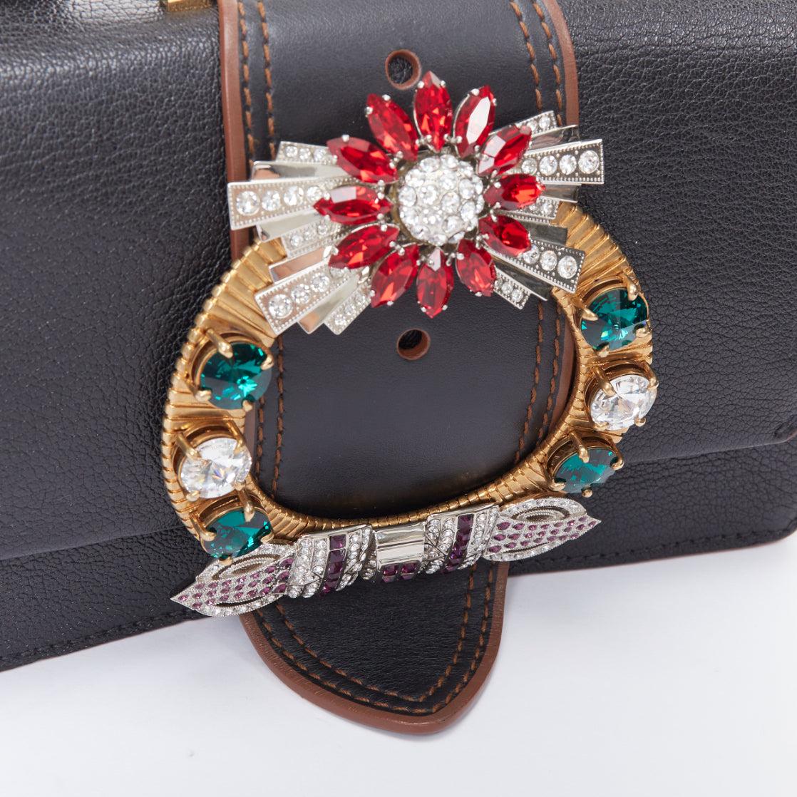 MIU MIU Lady black leather colorful rhinestone buckle flap crossbody bag For Sale 2