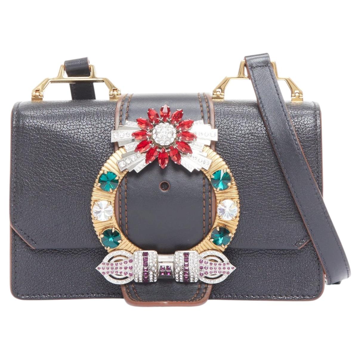MIU MIU Lady schwarzes Leder bunt Strass Schnalle Klappe Crossbody Tasche im Angebot