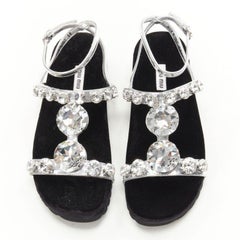 MIU MIU large rhinestone crystal metallic silver velvet flat sandals EU36