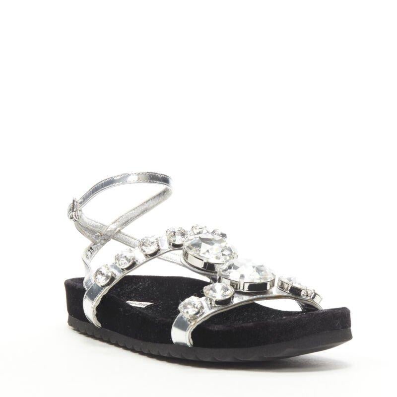 Nero MIU MIU sandali piatti in velluto argento metallizzato con strass grandi EU36 in vendita