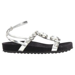 MIU MIU large rhinestone crystal metallic silver velvet flat sandals EU36