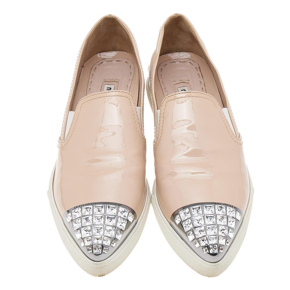 Beige Miu Miu Leather Crystal Embellished Pointed Cap Toe Slip On Sneakers Size 35