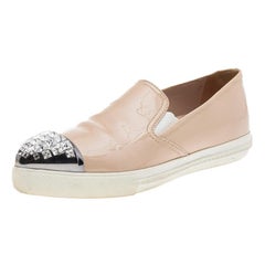 Miu Miu Leather Crystal Embellished Pointed Cap Toe Slip On Sneakers Size 35