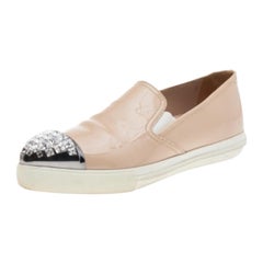 Miu Miu Leather Crystal Embellished Pointed Cap Toe Slip On Sneakers Size 35