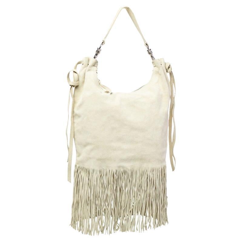 Miu Miu Light Beige Suede Fringe Hobo For Sale