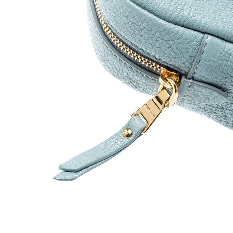 Miu Miu Light Blue Leather Bow Cosmetic Pouch For Sale at 1stDibs