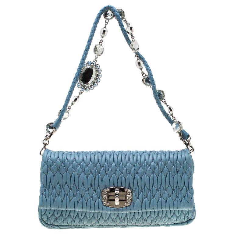 Miu Miu Light Blue Matelasse Leather Crystal Shoulder Bag at 1stDibs