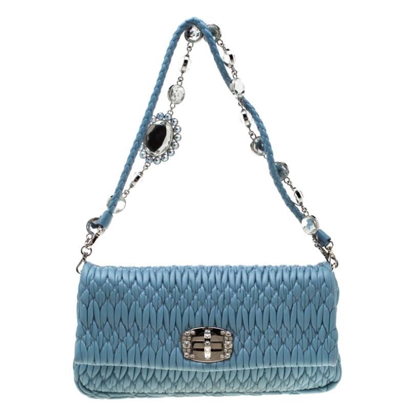 Miu Miu Two Tone Blue Madras Leather Crystal Embellished Buckle Flap  Shoulder Bag Miu Miu | The Luxury Closet