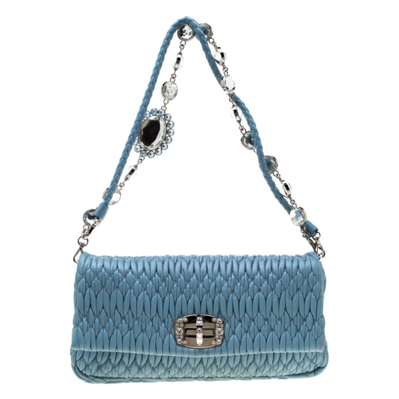 Miu Miu Light Blue Matelasse Leather Crystal Shoulder Bag For Sale at