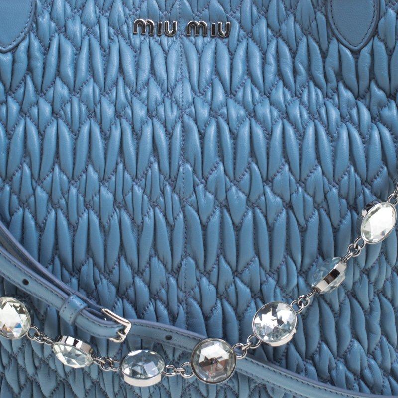 Miu Miu Light Blue Matelasse Leather Swarovski Crystal Tote In Excellent Condition In Dubai, Al Qouz 2