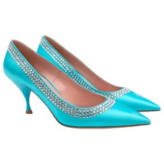 Miu Miu Light Blue Satin Crystal Trim Pointed Pumps