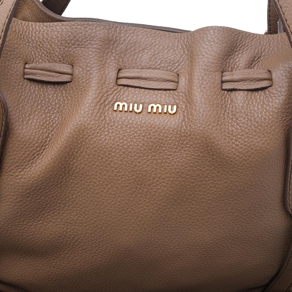 Women's Miu Miu Light Brown Leather Drawstring Shoulder Bag