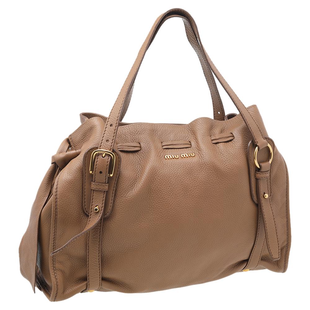 Miu Miu Light Brown Leather Drawstring Shoulder Bag 2
