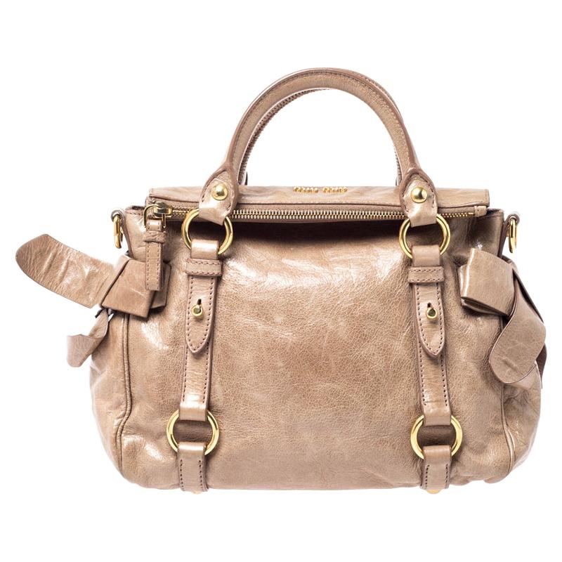 Miu Miu Light Brown Vitello Lux Leather Bow Satchel