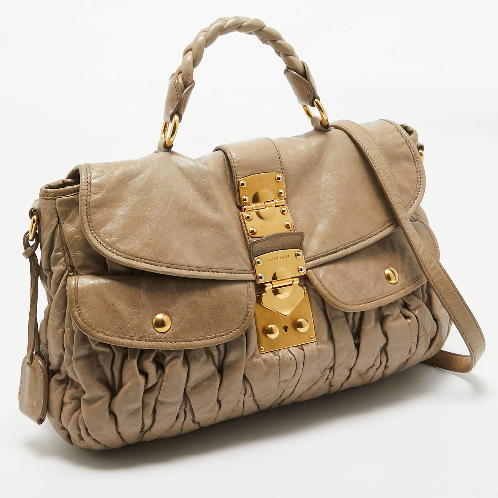 Brown Miu Miu Light Green matelassé Leather Coffer Hobo
