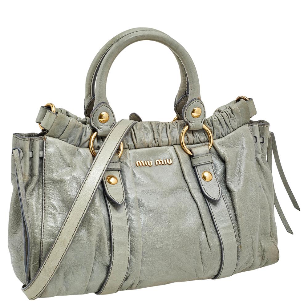 Miu Miu Light Olive Leather Gathered Tote 5