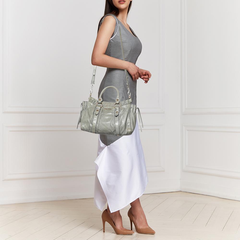 Gray Miu Miu Light Olive Leather Gathered Tote
