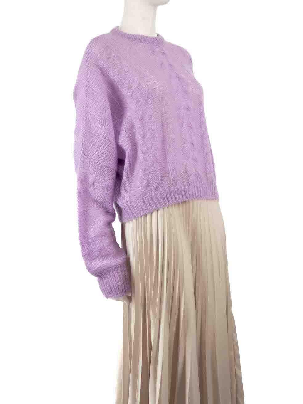 CONDITION is Very good. Hardly any visible wear to jumper is evident on this used MIU MIU designer resale item.
 
 
 
 Details
 
 
 Purple
 
 Wool
 
 Knit jumper
 
 Long sleeves
 
 Round neck
 
 Sheer
 
 Cropped fit
 
 
 
 
 
 Made in Italy
 
 
 

