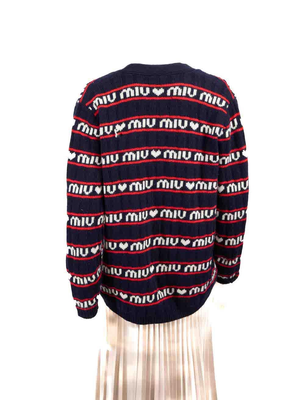 Miu Miu Logo-Intarsia Wool Knit Cardigan Size XS In Excellent Condition For Sale In London, GB