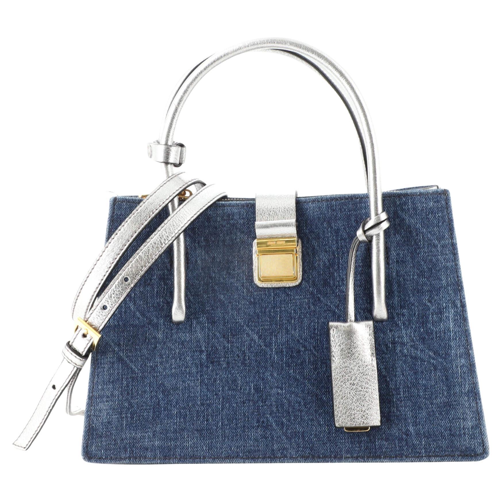 Miu Miu Blue/Silver Denim And Madras Leather Bandoliera Crossbody Bag at 1stDibs