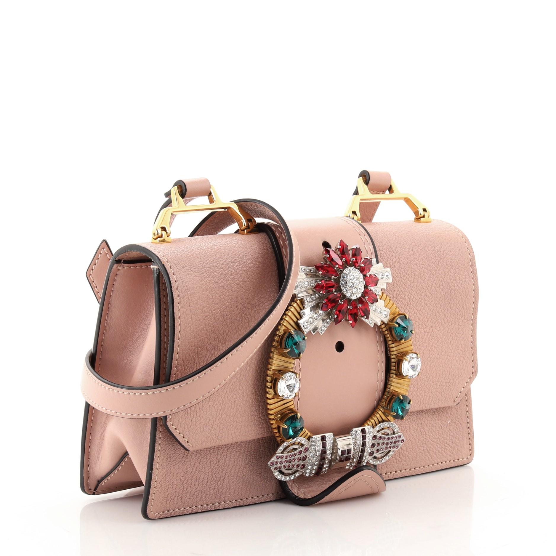 Brown Miu Miu Madras Crystal Buckle Shoulder Bag Leather Small