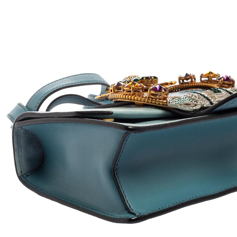 Miu Miu Madras Leather Crystal Embellished Buckle Flap Shoulder Bag For