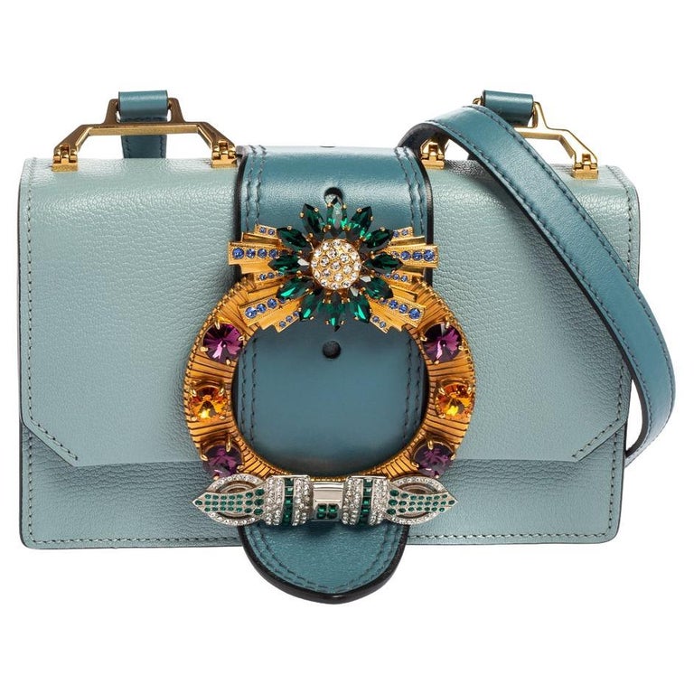 Miu Miu Madras Leather Crystal Embellished Buckle Flap Shoulder Bag For