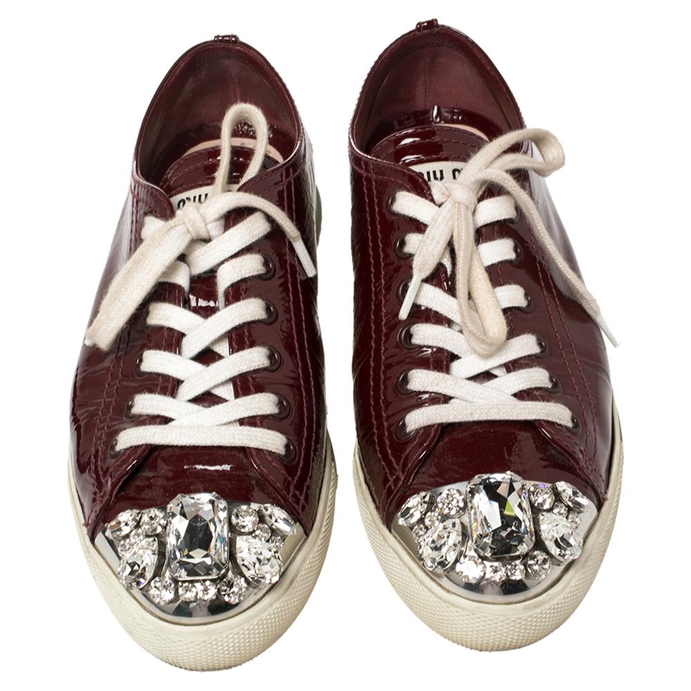 Black Miu Miu Maroon Patent Leather Crystal Embellished Low Top Sneakers Size 36