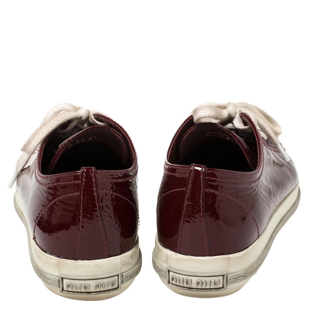 Women's Miu Miu Maroon Patent Leather Crystal Embellished Low Top Sneakers Size 36