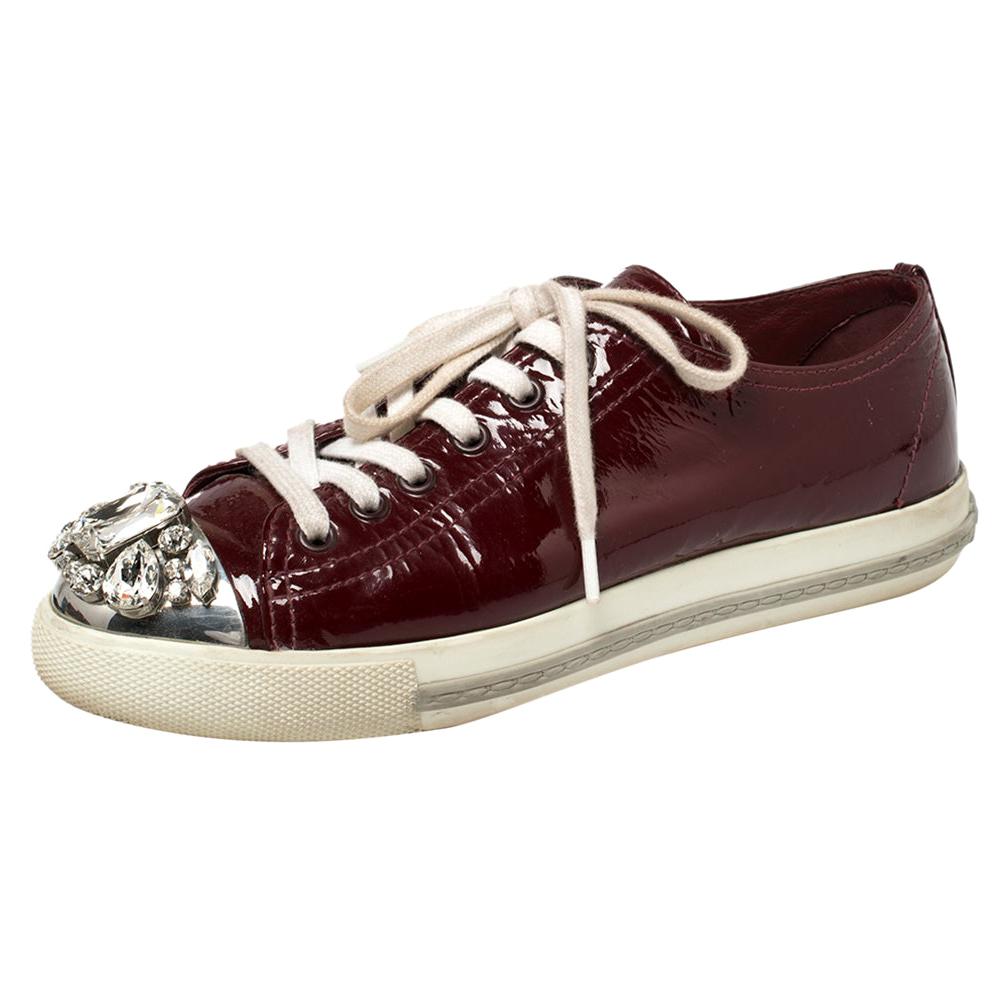 Miu Miu Maroon Patent Leather Crystal Embellished Low Top Sneakers Size 36