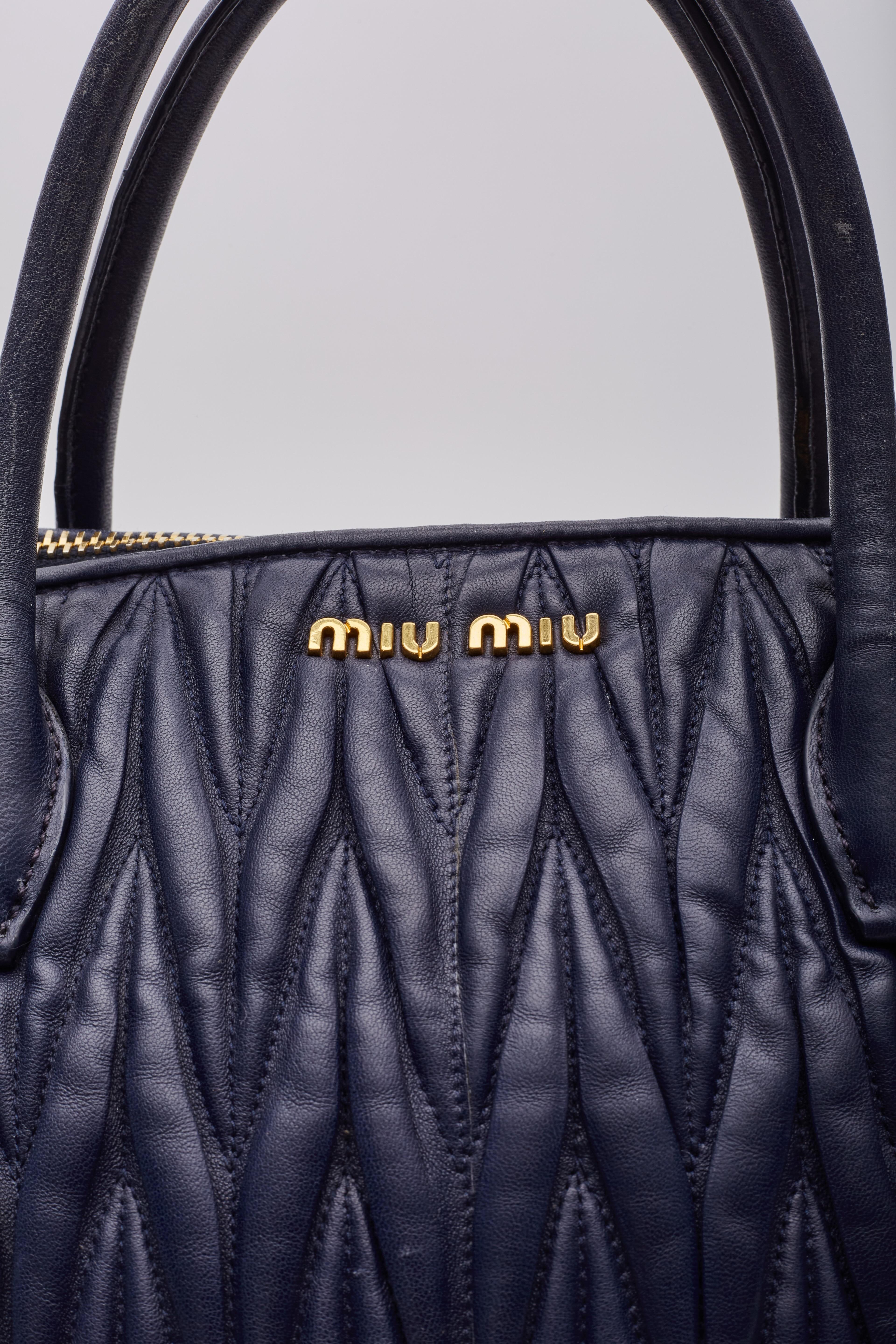 Miu Miu Matelasse Chevron Quilting Navy Nappa Leather Shoulder Bag For Sale 3