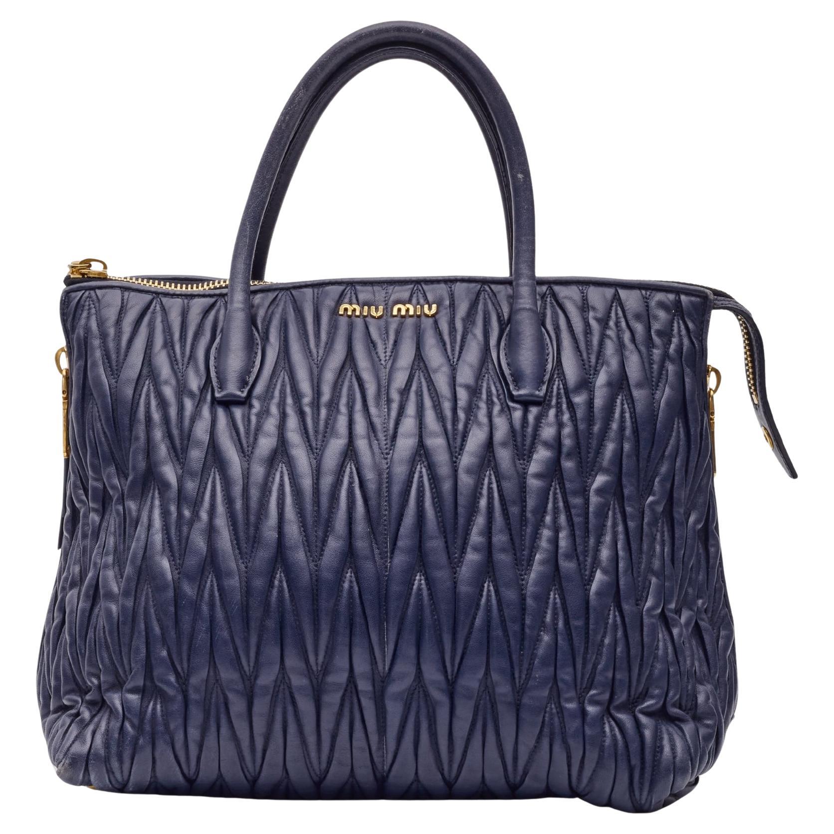 Miu Miu Matelasse Chevron Quilting Navy Nappa Leather Shoulder Bag For Sale