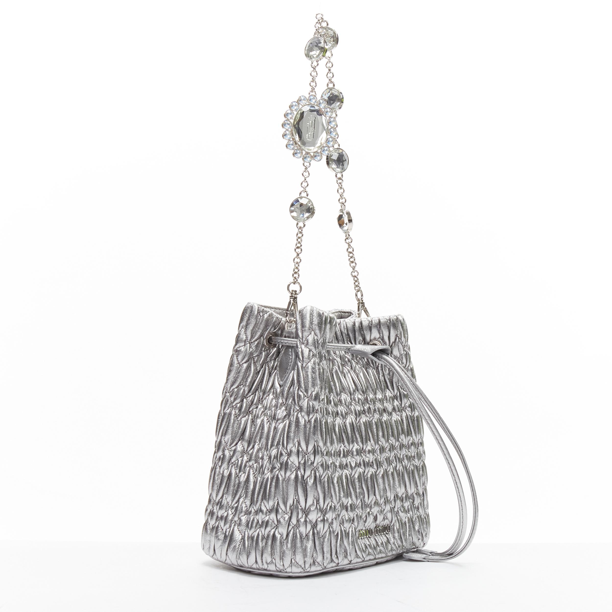 MIU MIU Matelasse Nappa crystal chain silver leather crossbody bucket bag In Good Condition For Sale In Hong Kong, NT