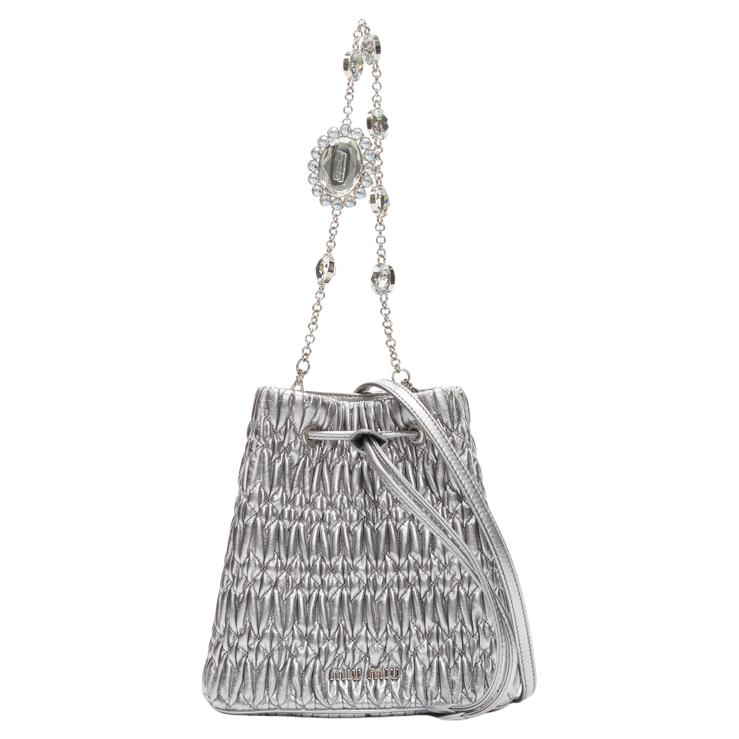 MIU MIU Matelasse Nappa crystal chain silver leather crossbody bucket bag For Sale