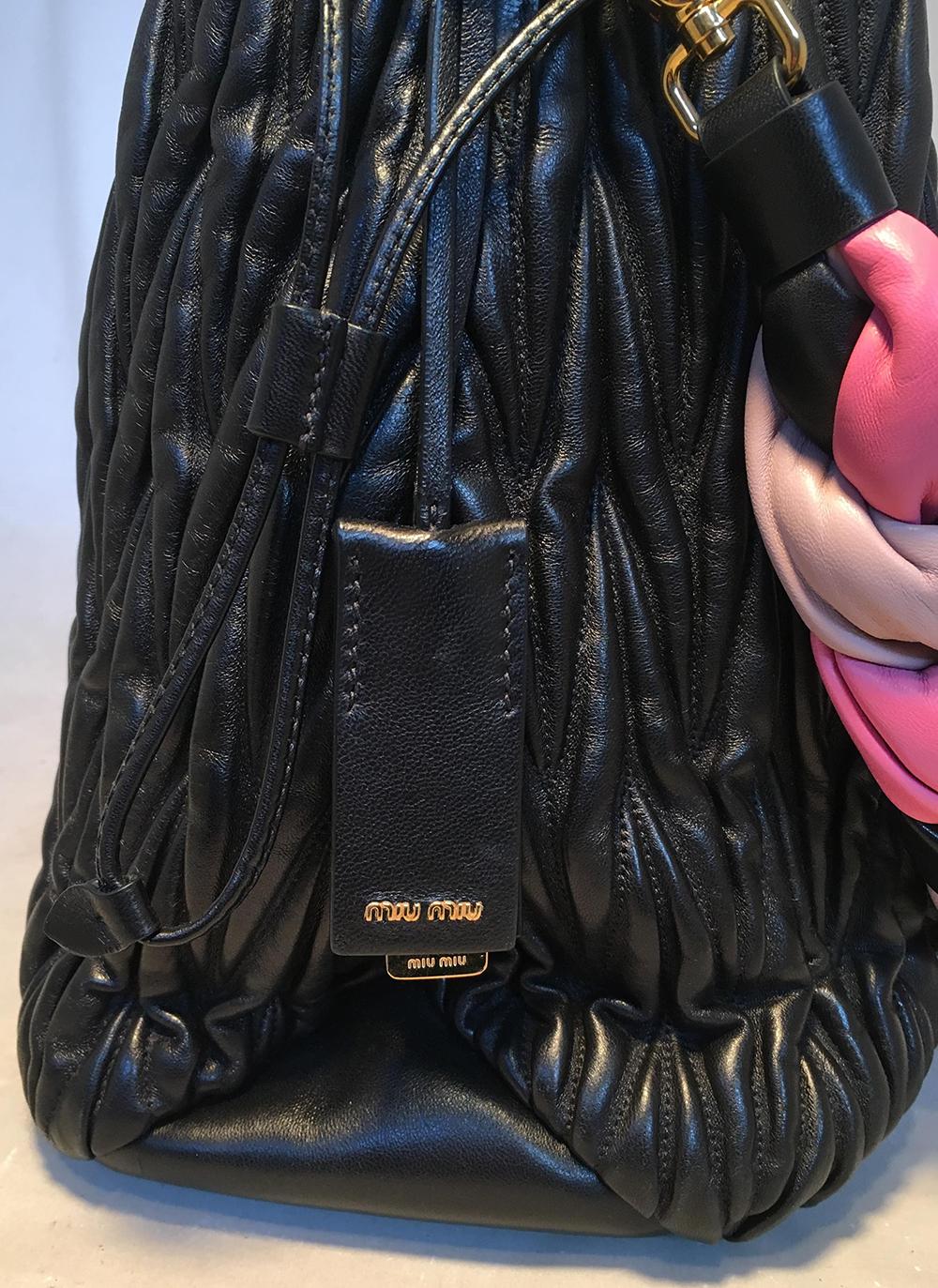 Miu Miu Matelassé Secchiello Black Leather Bucket Bag with Pink Braided Strap 1