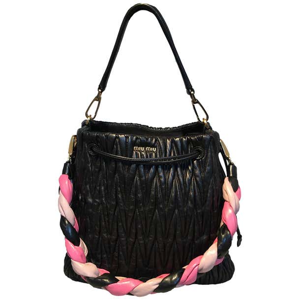 Miu Miu Matelassé Secchiello Black Leather Bucket Bag with Pink Braided ...