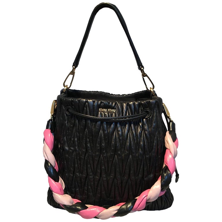Miu Miu Matelassé Secchiello Black Leather Bucket Bag with Pink Braided  Strap For Sale at 1stDibs | miu miu secchiello matelasse, miu miu secchiello
