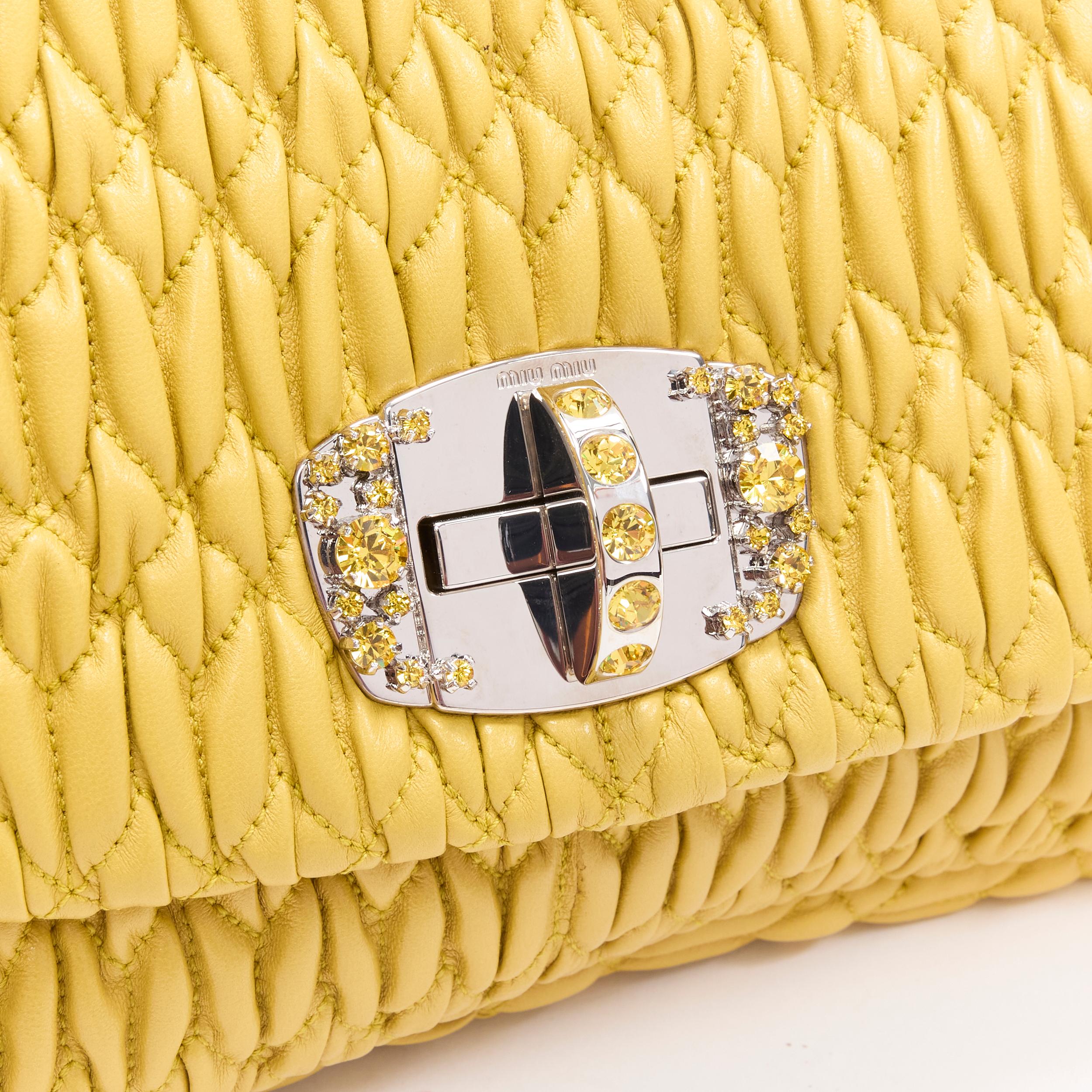 MIU MIU Matelasse yellow leather crystal rhinestone chain turn lock clutch bag In Excellent Condition In Hong Kong, NT