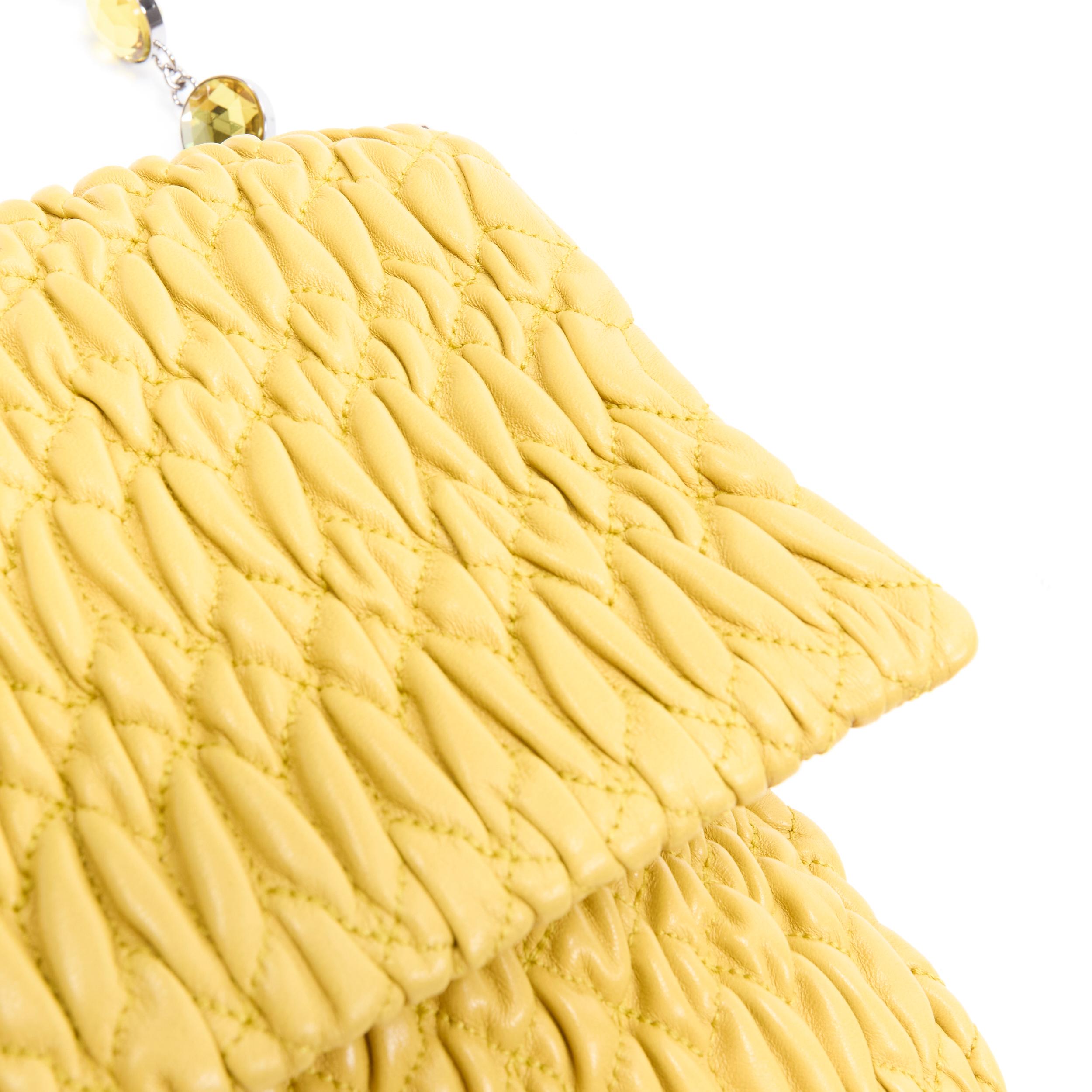 Women's MIU MIU Matelasse yellow leather crystal rhinestone chain turn lock clutch bag