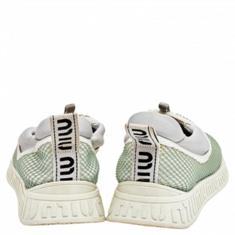 Gray Miu Miu Mesh and Neoprene Crystal Embellished Slip On Sneakers Size 36.5