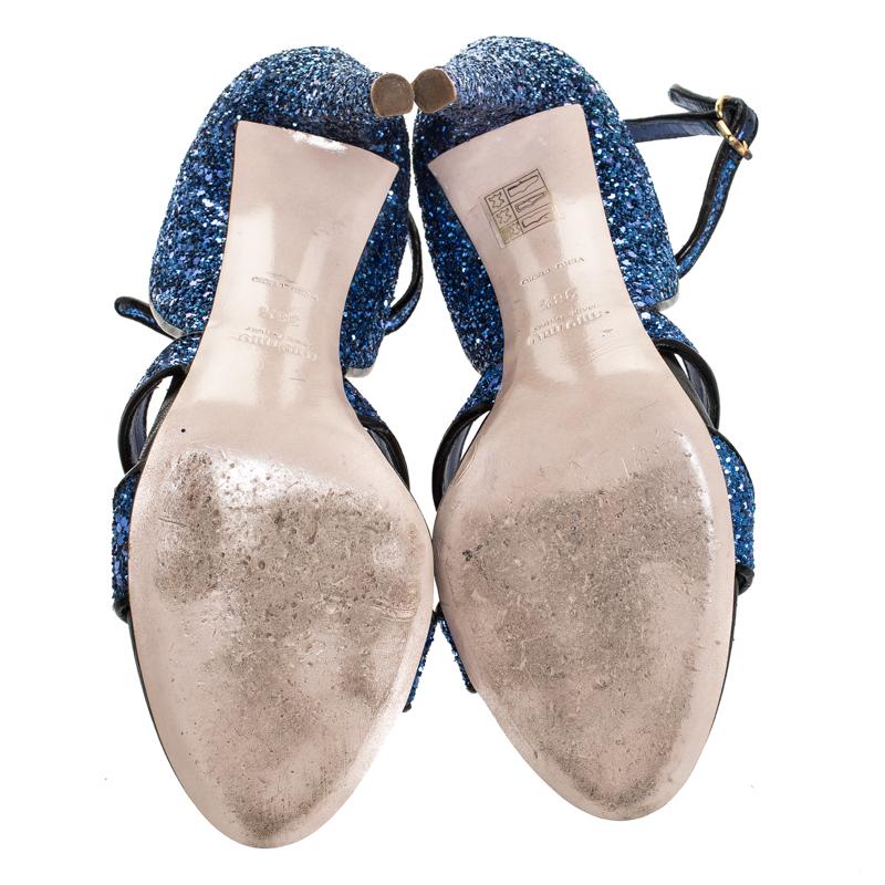 Women's Miu Miu Metallic Blue Coarse Glitter Ankle Strap Sandals Size 38.5